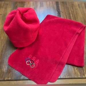 Red Fleece set, EddieBauer cap, plus57”x9”scarf w/USA LOGO. washable,packable.